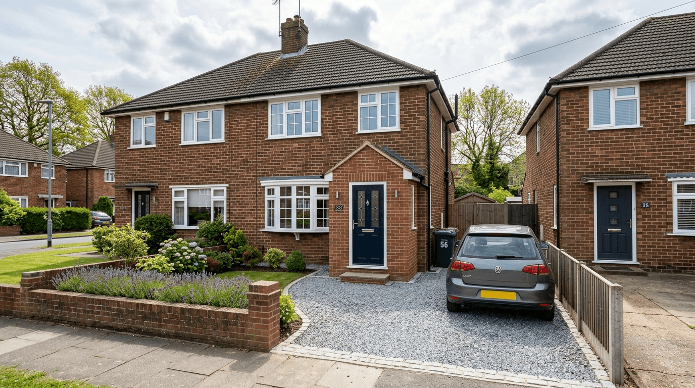 House exterior with casement windows and composite front door