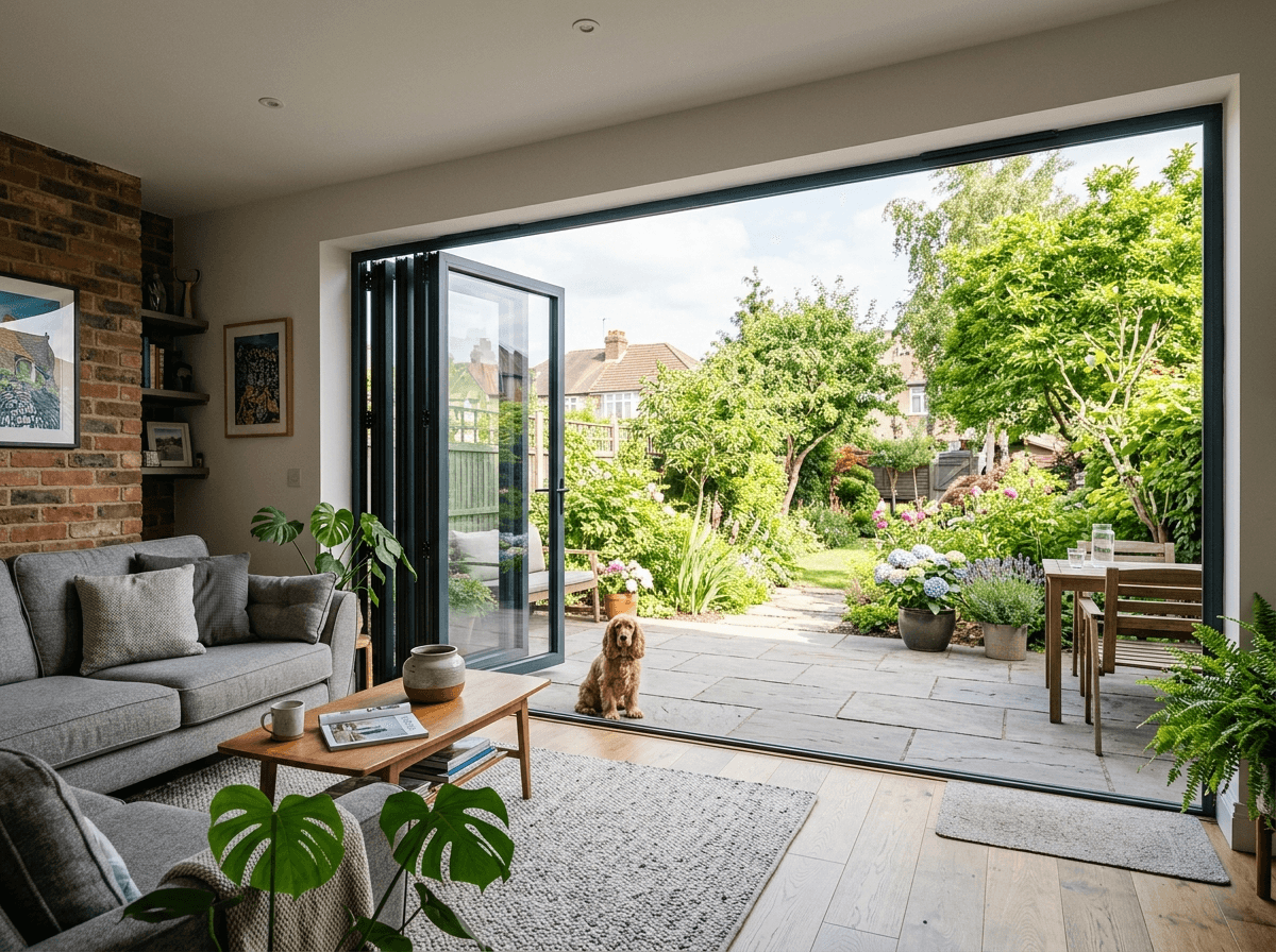 Bi-fold doors opened onto a garden