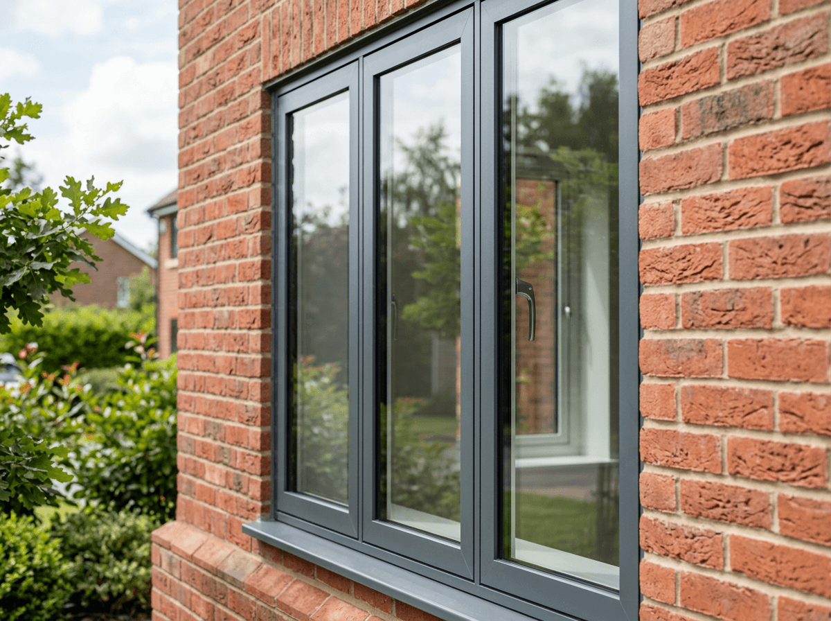 Slim-profile anthracite grey aluminium window frames on a brick house